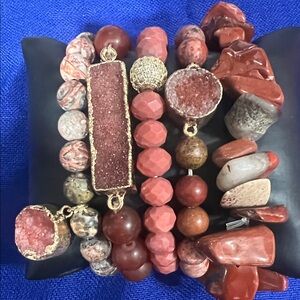 Stacked Druzy and Jasper Red Bead Bracelet Set